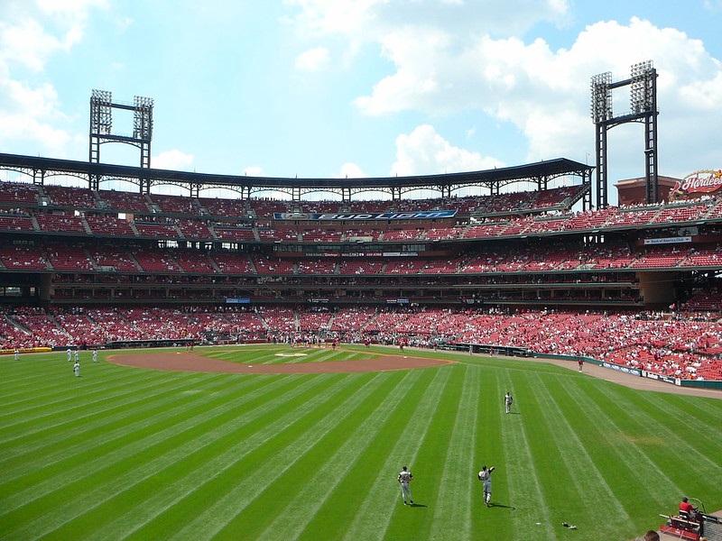 Photo taken from the bleacher seats at Busch Stadium during a St. Louis Cardinals home game.