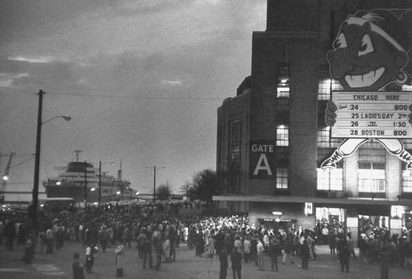 Photo of crowds entering Cleveland Municipal Stadium in 1959 for an Indians vs. New York Yankees game. 
