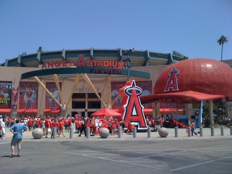 Exterior photo of the main entrance to Angel Stadium of Anaheim.