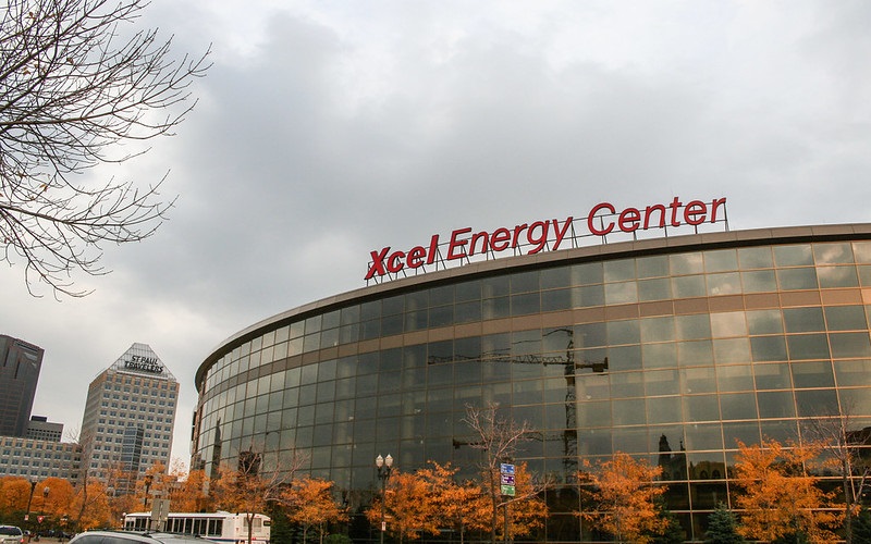 Exterior photo of the Xcel Energy Center in St. Paul, Minnesota. Home of the Minnesota Wild.