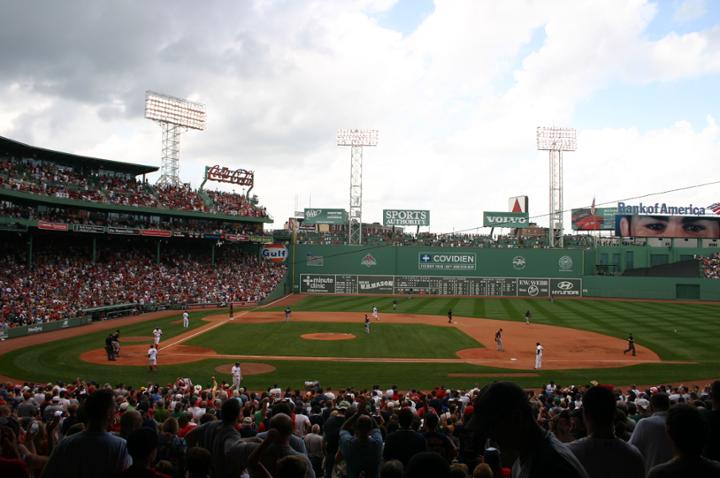 Photo of the playing field at Fenway Park, home of the Boston Red Sox.