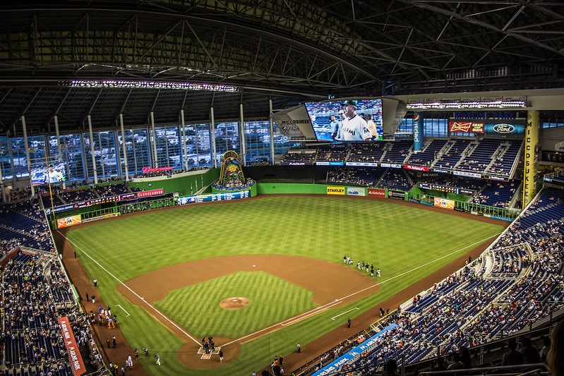 Photo of the playing field at Marlins Park, home of the Miami Marlins.