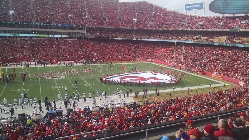 Photo of the playing field at Arrowhead Stadium during a Kansas City Chiefs game.