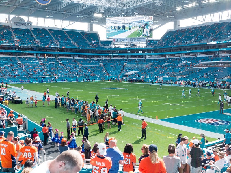 Interior photo of Hard Rock Stadium during a Miami Dolphins game.