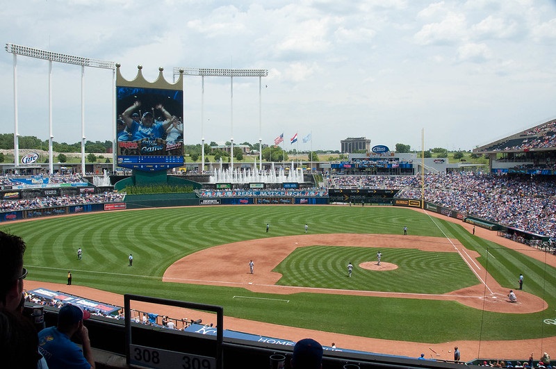 Photo taken from the loge level seats at Kauffman Stadium during a Kansas City Royals home game.