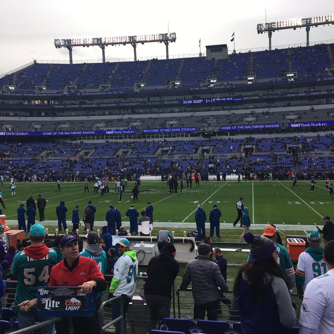 View from the lower level seats at M&T Bank Stadium during a Baltimore Ravens game.