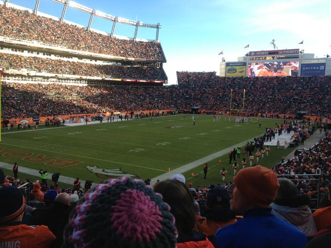 View from the lower level seats at Empower Field at Mile High during a Denver Broncos game.