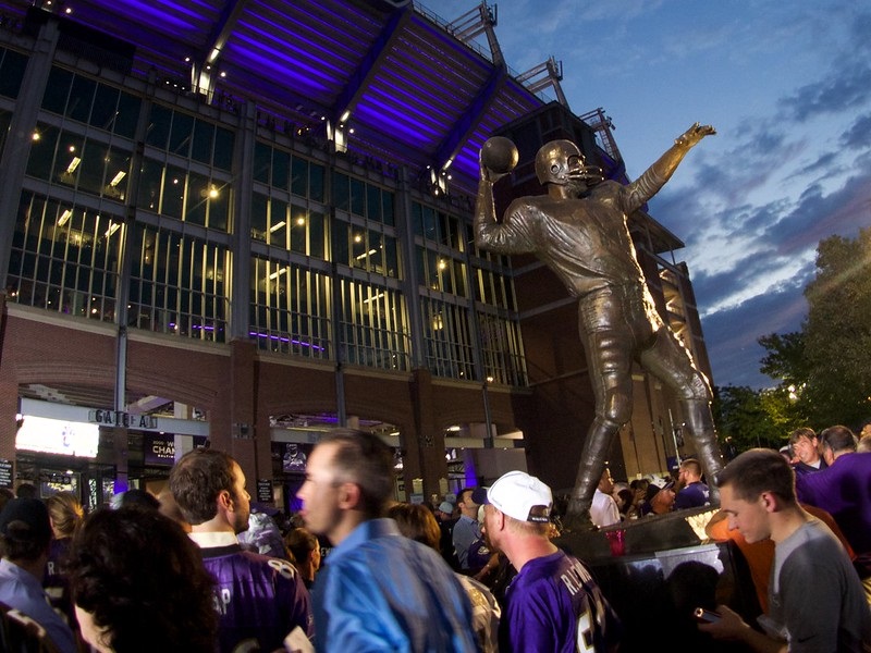 Photo of Baltimore Ravens fans entering M&T Bank Stadium in Baltimore, Maryland.