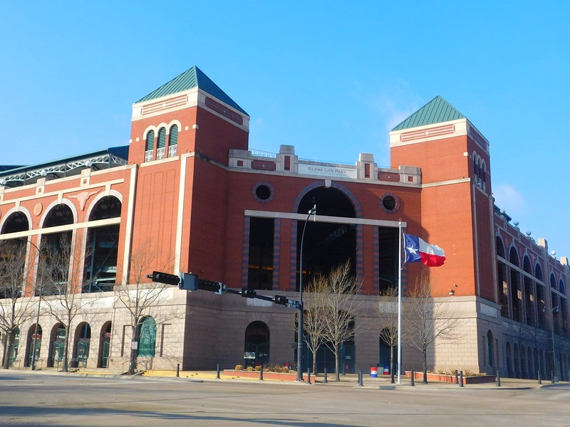 Exterior photo of Globe Life Park in Arlington. Home of the Texas Rangers.