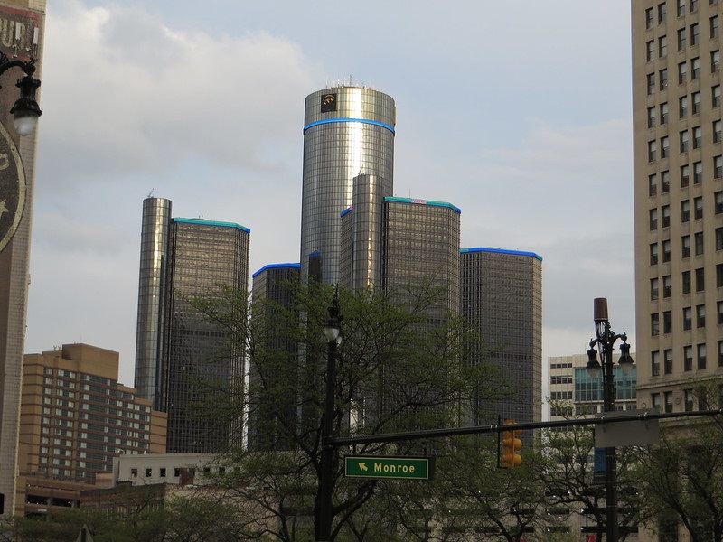 Photo of the Renaissance Center in downtown Detroit, Michigan.
