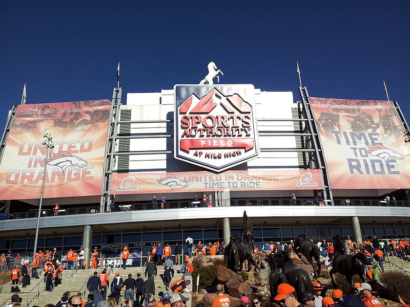 Photo of the main entrance at Sports Authority Field at Mile High. Home of the Denver Broncos.