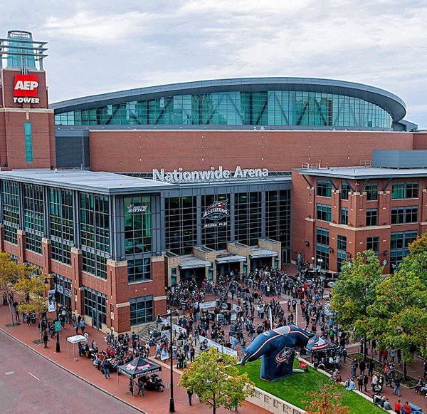 Exterior photo of Nationwide Arena, home of the Columbus Blue Jackets.
