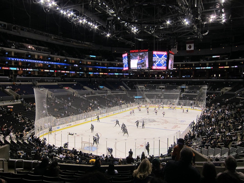 Photo taken from the lower level seats at the Staples Center during a Los Angeles Kings home game.