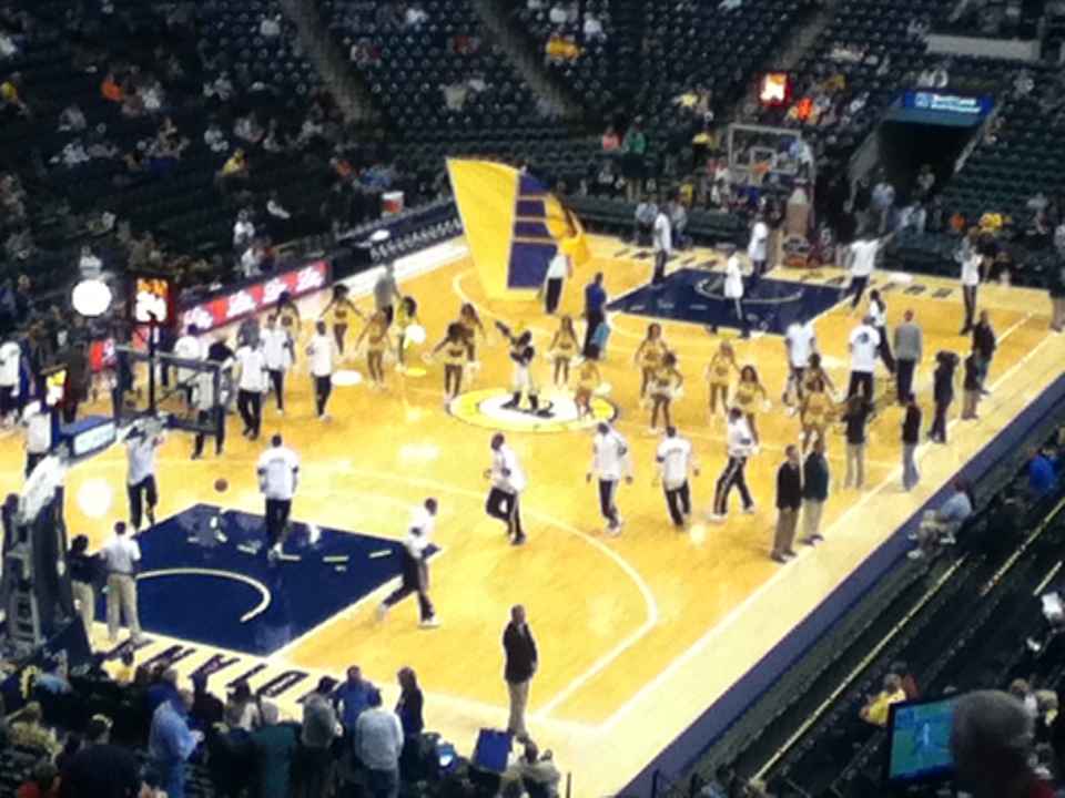Photo of the court at Bankers Life Fieldhouse during an Indiana Pacers game.