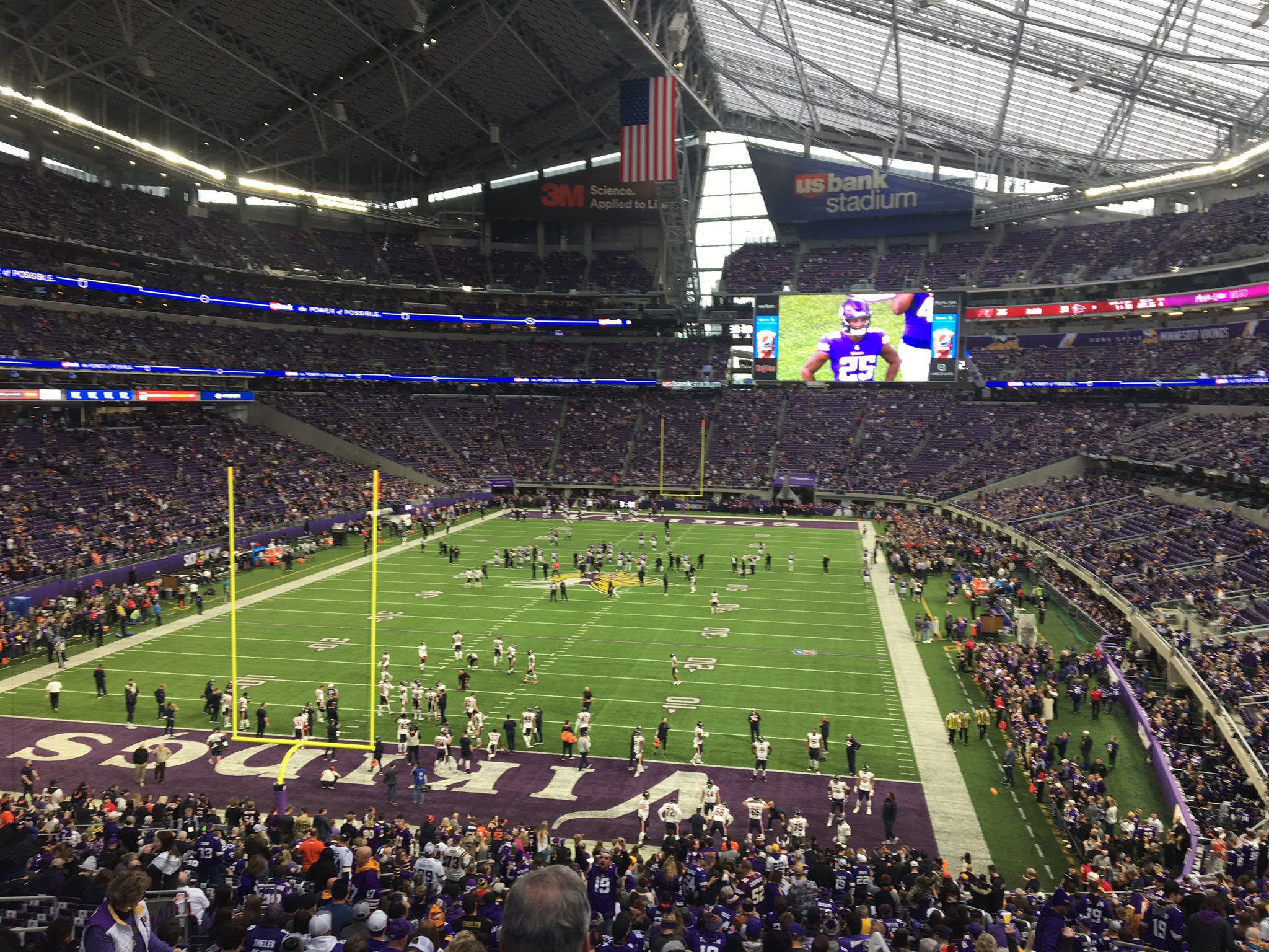 View from the lower level seats at U.S. Bank Stadium during a Minnesota Vikings game.
