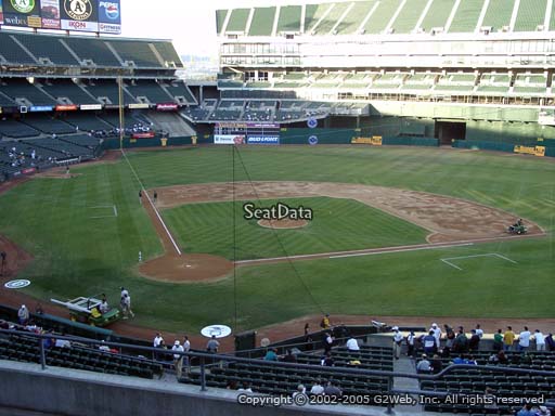 Seat view from section 215 at Oakland Coliseum, home of the Oakland Athletics