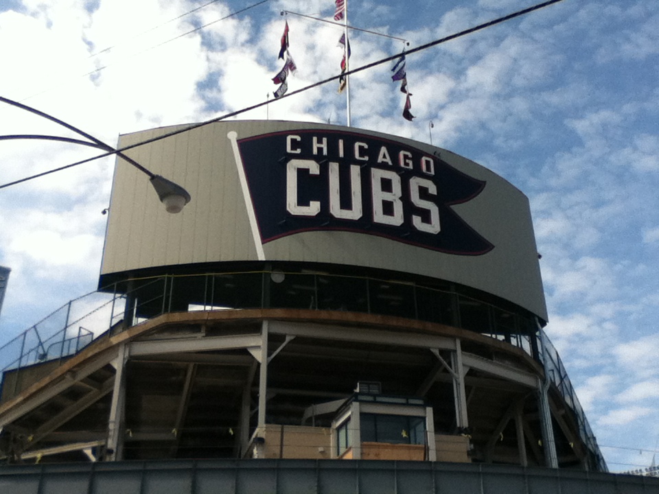 Exterior photo of Wrigley Field, home of the Chicago Cubs.