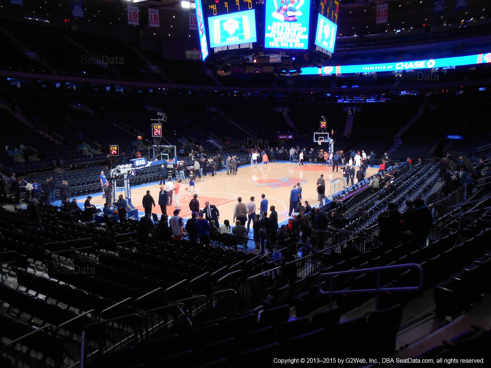 Seat view from section 104 at Madison Square Garden, home of the New York Knicks.